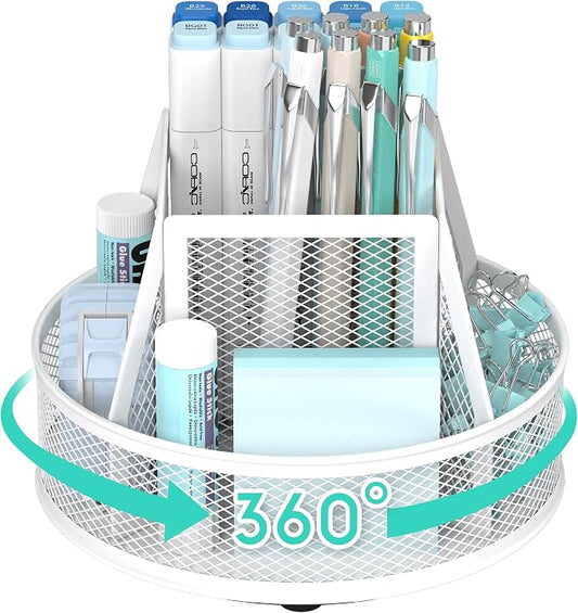 YINGHUA Metal Mesh Desk Organizer with 5 Compartments and Rotating Pencil Holder Pen and Stationery Organizer for Office Home School Anti Slip Base White