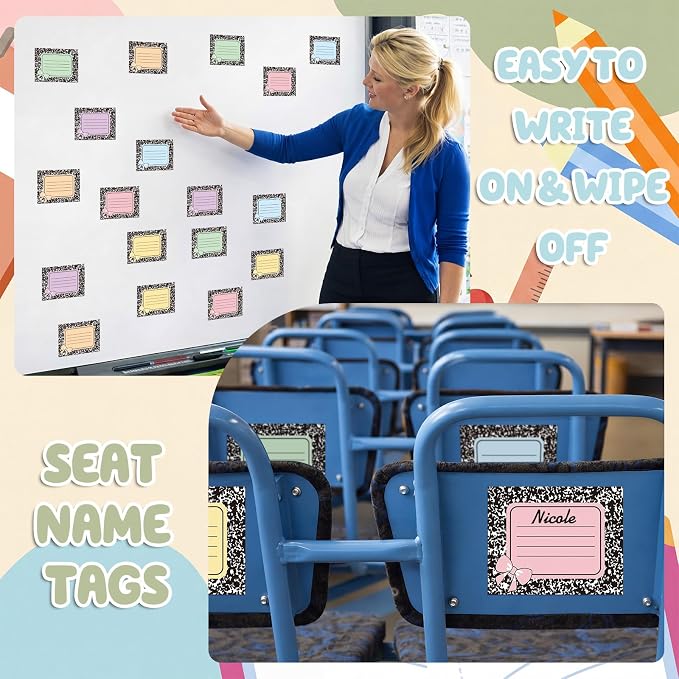 48 Pcs Pastel Composition Dry Erase Magnetic Labels with a Pen Colorful Bow Student Name Tags Magnetic Locker Name Plates Stickers for Classroom Desks School Whiteboards