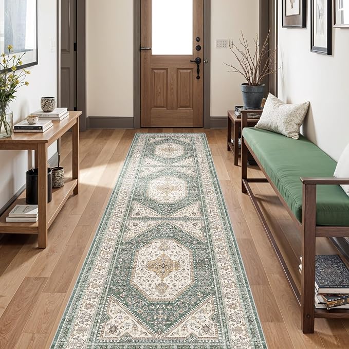 3x10 Runner Rug for Hallway Washable: Non Slip Kitchen Rugs with Rubber Backing Soft Waterproof Mats Stain Resistant Indoor Vintage Carpet Runner for Bedroom Bathroom Laundry Entryway Green/Beige