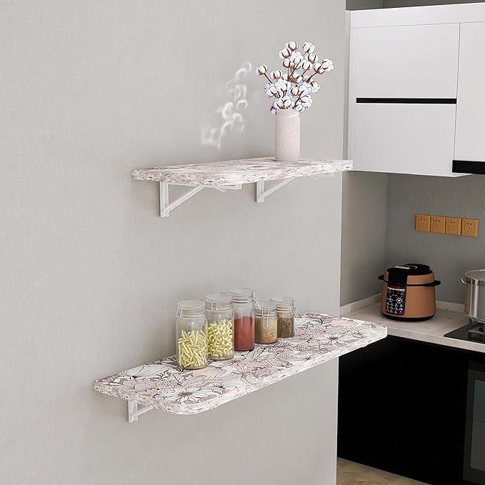 Wall Mounted Folding Table 40"x 16" with Removable Heavy-Duty Brackets Support Up to 200 Pounds Folding Desk for Small Space Home Laundry Room Office Rv Suitable for Solid Wall (Life Summer Flowers)