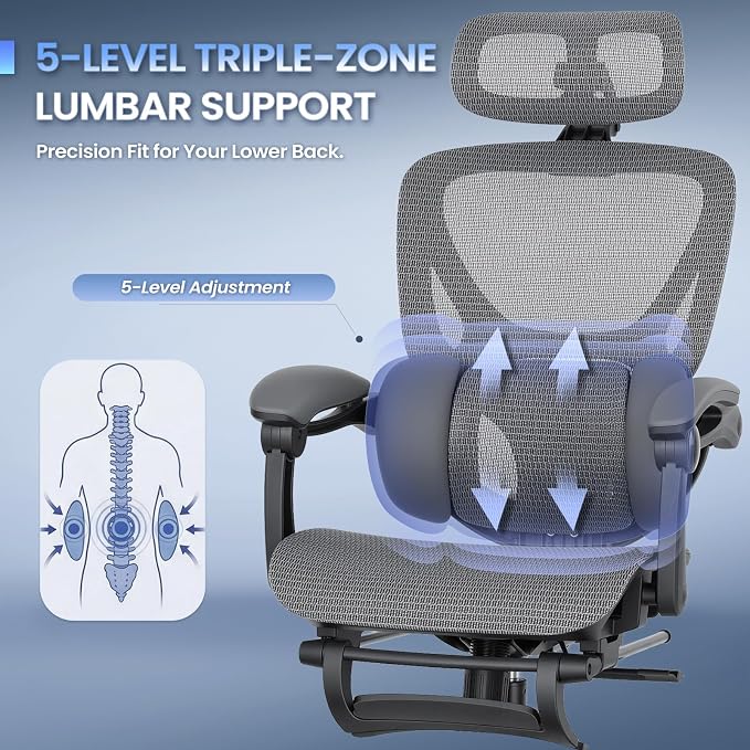 MALOL Ergonomic Mesh Office Chair with Footrest, Executive High Back Computer Desk Chair with 3D Adjustable Headrest & 5-Level Lumbar Support, Track Armrest, Tilt Lock, 300LBS, Grey