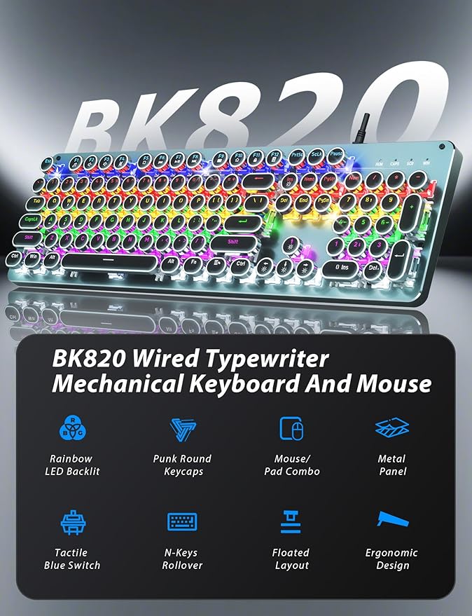 Typewriter Style Mechanical Gaming Keyboard Blue Switch, Rainbow LED Backlit Wired Computer Keyboards Mouse and Pad Combo, Metal Panel Retro Punk Round Keycaps, 104 Keys Anti-Ghost for PC Laptop Gamer