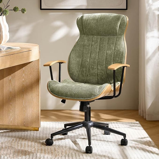 HULALA HOME Solid Wood Office Chair with High Backrest, Green | Mid Century Modern Bentwood Desk Chair with Tilt Function, Swivel Fabric Computer Task Chair, Height Adjustable, Metal Base