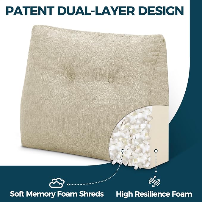 Back Support Pillow for Recliner Soft Dual Layer Lumbar Support Pillow with Shredded Memory Foam Ergonomic Orthopedic Couch Lumbar Cushions for Elderly Lower Back Pain Relief Khaki