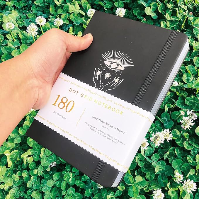 BUKE Dotted Notebook Journal 180GSM Bamboo Thick White Paper 160 Pages 5 * 5MM Dot Grid, Lay Flat Binding,Colored Silver Edges, Bookmarks and Expandable Back Pocket (BKP-9)