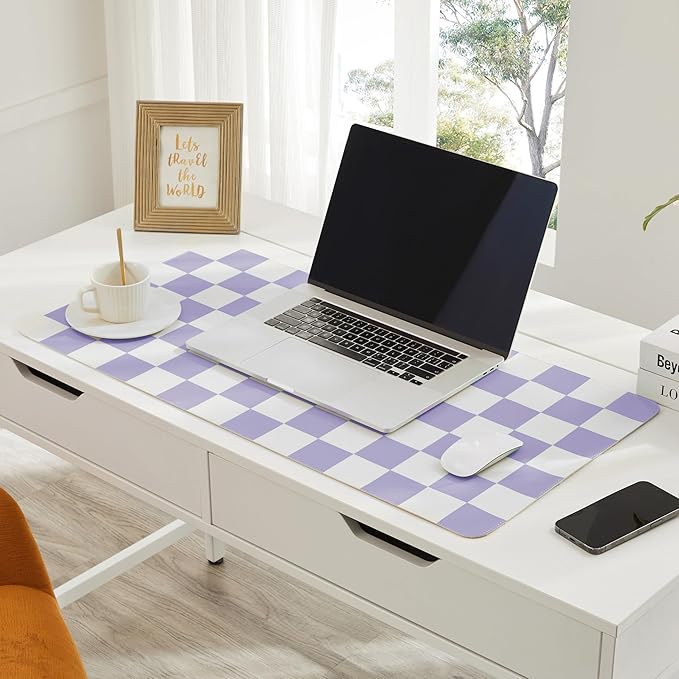 Checkered Desk Mat, 31.5" x 15.7" Large Cute Purple Aesthetic Retro Girl Women Accessories, PU Leather Computer Laptop Mat Mouse Keyboard Pad, Desk Writing Makeup Mat for Vanity/Work/Home Decor