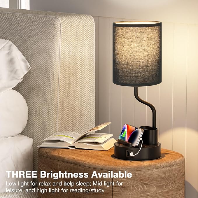 Black Bedside Table Lamps for Bedroom Set of 2 - Nightstand Light with AC Outlet and USB A & C for Charging, 3 Color Temperatures Desk Lamp with Pen Holder & Phone Stand for Living Room/Dorm/Office