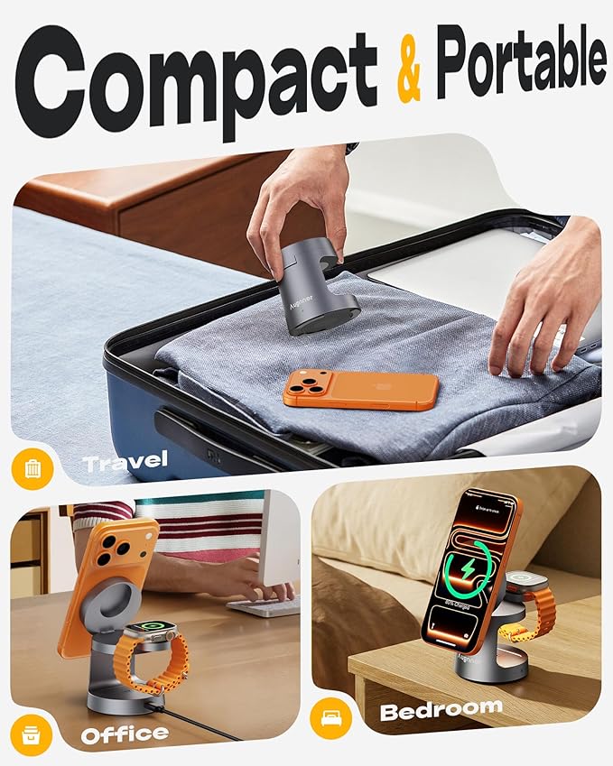 3 in 1 Charging Station Compatible with MagSafe Charger, 25W Magnetic Wireless Charger Night Light, Foldable Charging Stand for iPhone 17/16/15/14/13/12, Apple Watch, AirPods (45W Adapter)
