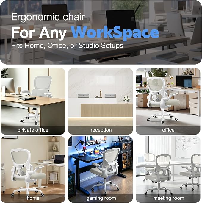 ALLGOD Ergonomic Office Chair, Breathable Mesh Ergonomic Desk Chair with Adjustable Lumbar Support, Flip-up Armrests, Computer Chairs Comfortable for Home, Office, Work, 300lbs, White, Upgrade