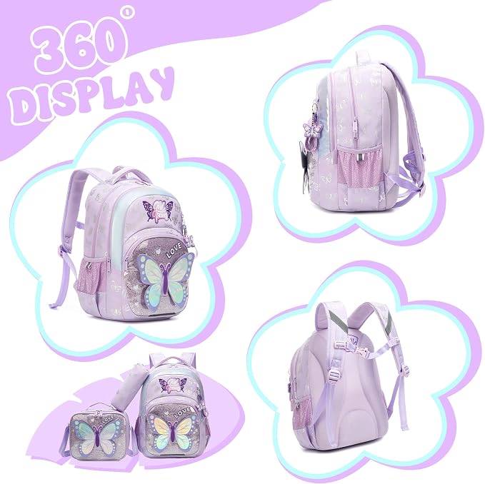 School Backpack for Girls,Kids Backpack with Lunch Box Set Cute Butterfly Kids Bookbag,Elementary Backpack for Girls,Lightweight Travel Daypack