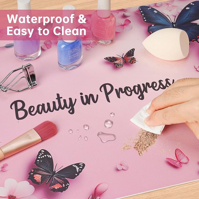 Dual-Sided Waterproof Synthetic Leather Makeup Mat for Desk, Makeup Station, Crafts, Multi-Use Scratch & Stain Resistant Surface Protector Pad for Vanity, Desktop, Craft Table (Butterfly)