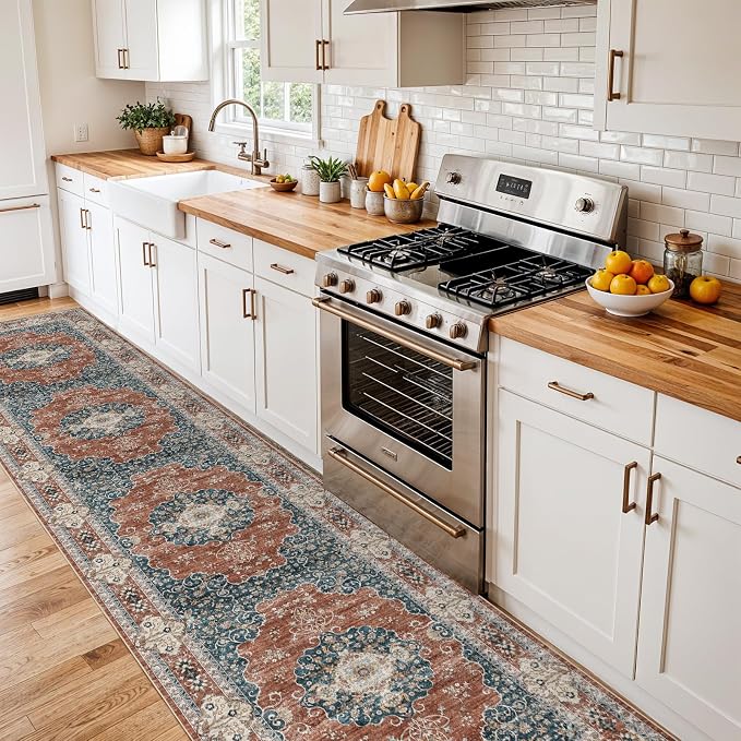 3x14 Washable Hallway Runner Rug:Oriental Indoor Kitchen Rugs Vintage Door Mat Non Slip with Rubber Backing Low Pile Thin Carpet for Bedroom Bathroom Living Room Bedside (3x14 Brick/Blue)