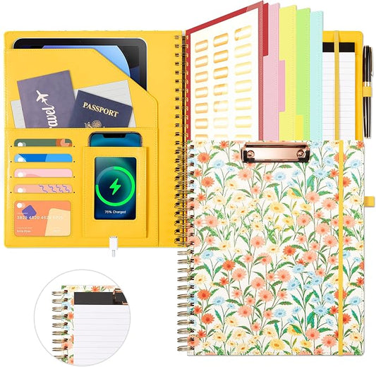 Ospelelf Clipboard with Storage for Men Women, Leather Padfolio Portfolio Organizer 5 Folders with 10 Pockets, Spiral Clipboard Folio with Notepad for Letter Size, Elastic Closure and Pen Loop Floral
