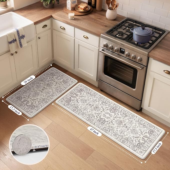 KIMODE Comfort Kitchen Floor Mats Cushioned Anti Fatigue,Boho Vintage Floral Kitchen Rugs Sets of 2,Ergonomic Memory Foam Carpet Non Slip for Sink Laundry Office,Purple Grey 17"x29.5"+17" x47”
