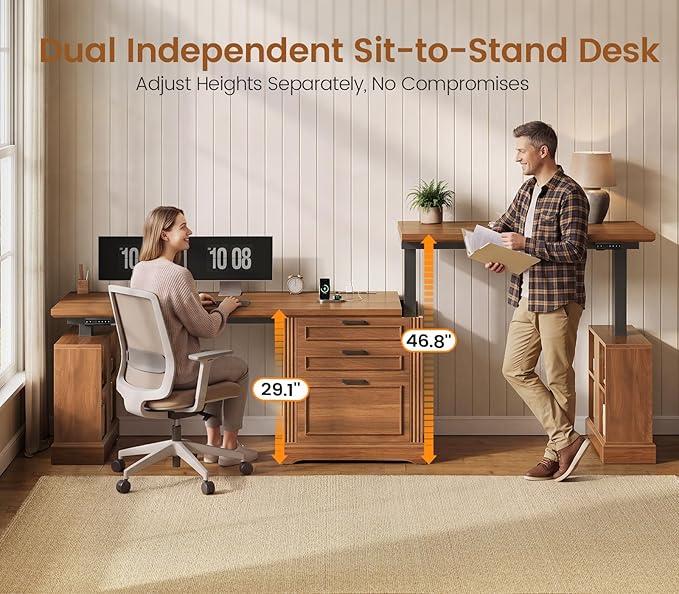 SEDETA Standing Two Person Desk, 98.4'' Farmhouse Long Computer Desk with 3 Drawers, Storage Cabinet, Electric Height Adjustable 2 Person Desk with Power Outlets for Home Office, Brown