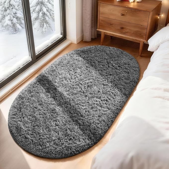 Ophanie 3x5 Oval Rug, Bedside Preppy Dorm Area Rug, College Essentials Non Slip Grey Small Carpets for Bedroom, Anti Slip Fluffy Gray Living Room Rugs Decor, Nursery with Over 99 pcs Pile fibers