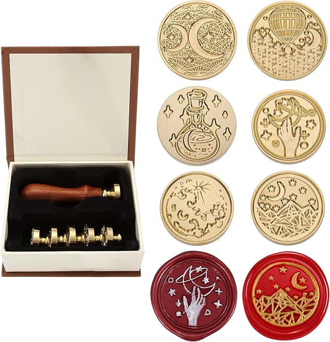 Yoption 6 Pcs Wax Seal Stamp Set, Vintage Moon and Star Sealing Wax Stamps Kit, Wooden Handle with Brass Head for Wedding Christmas Invitation Gift Cards