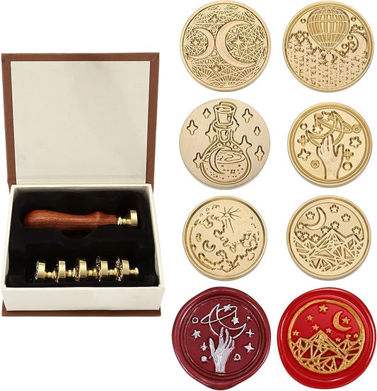 Yoption 6 Pcs Wax Seal Stamp Set, Vintage Moon and Star Sealing Wax Stamps Kit, Wooden Handle with Brass Head for Wedding Christmas Invitation Gift Cards