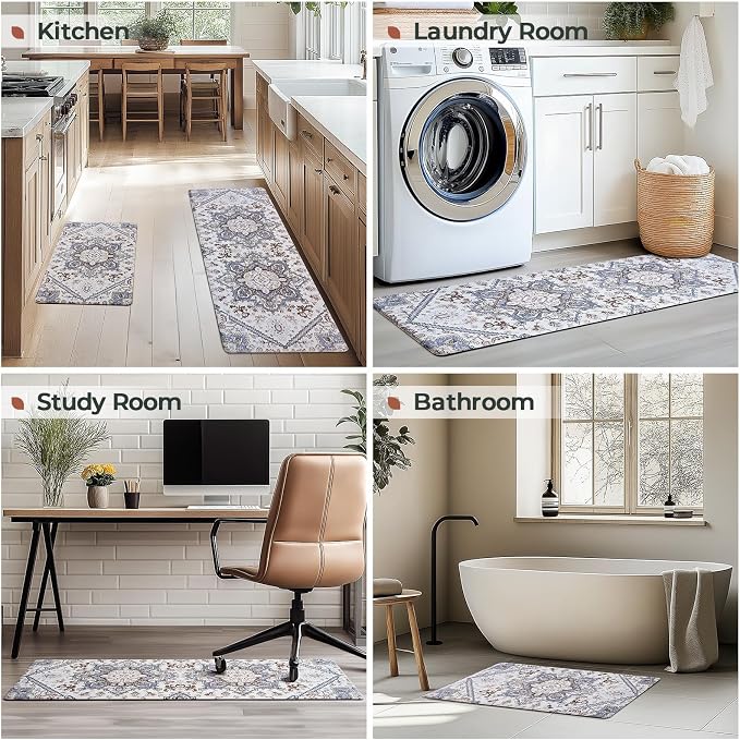 FRESHMINT Boho Kitchen Mat Set 2 Piece, 17x30''+17x47'', Gray | Anti-Fatigue, Non Slip, Comfort, Kitchen Decor, Easy to Clean, Waterproof, Perfect for Kitchen, Laundry, Office