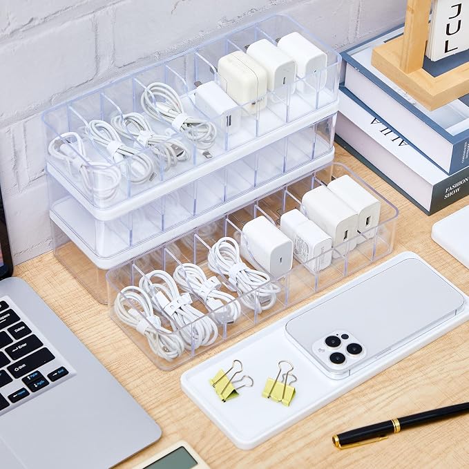 Tatuo 4 Pcs Cord Organizer for Drawer Desktop, Cable Organizer Box with 8 Compartments and Wire Ties, Plastic Charger Storage with Lid, Electronics Case for Home Office Accessories (Small,Clear,White)