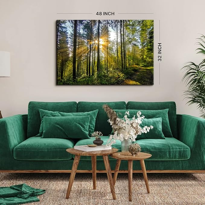 Large Forest Landscape Wall Art for Living Room Nature Sunrise Picture Wall Decor Mountain Trees Scenery Canvas Painting Photo Modern Poster Framed Artwork Bedroom Office Home Decorations 32x48”