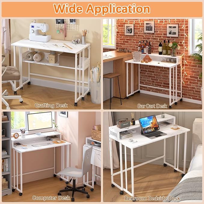 Gezen Folding Desk With Storage Shelf, Small Rolling With Wheels, Mobile Couch Sofa Side Table Bed for Home Office Small Space, White Marble, 39.4"