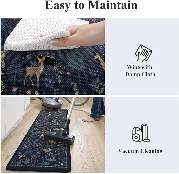 KIMODE Anti Fatigue Mats for Kitchen Floor,Cushioned Kitchen Rugs Sets of 2 | 17.3"x47"+ 17.3"x29",Dark Blue,Farmhouse Animal Forest Kitchen Rug Non Slip,Padded Kitchen Floor Mats for Laundry Sink Office