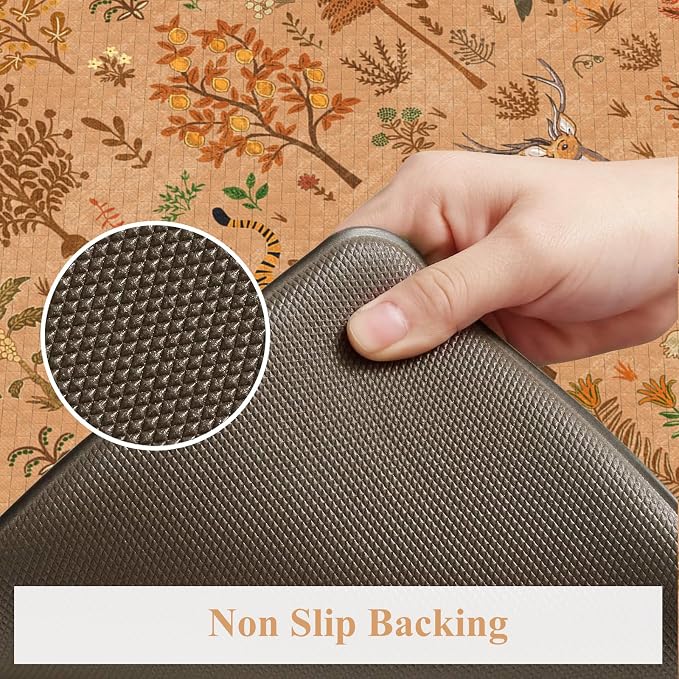 KIMODE Kitchen Floor Mats for Floor Cushioned Anti Fatigue,Rugs Sets of 2 | 17.3"x47"+ 17.3"x29",Orange Light Brown,Animal Forest Kitchen Rug,Padded Memory Foam Under Kitchen Sink Mat for Laundry Decor