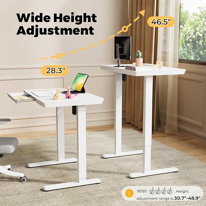 32" Electric Standing Desk with Drawer, Rolling Laptop Desk | Height Adjustable Quick Install One-Piece Tabletop with USB Charging Ports, Sit Stand Computer Desk for Small Space, White