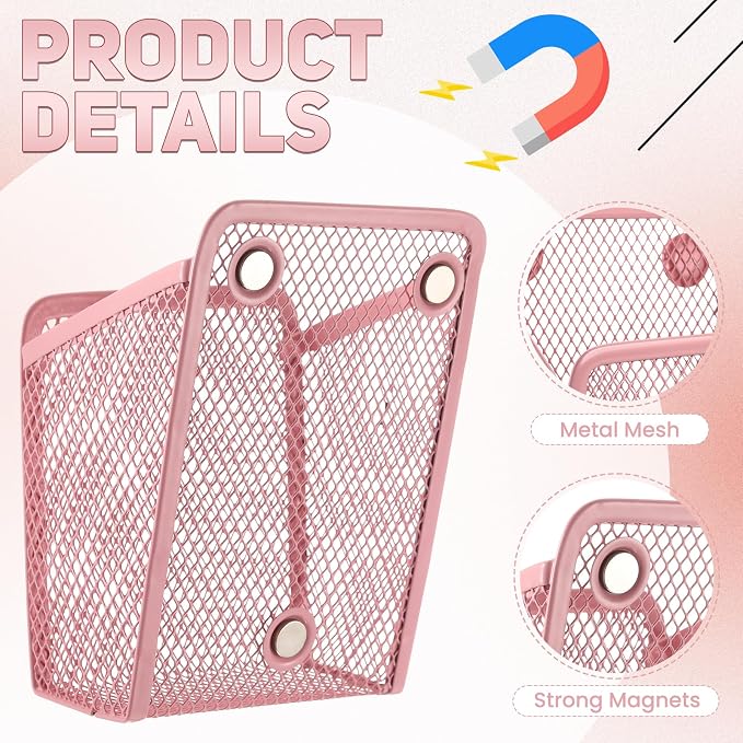 Fuutreo 2 Pcs Large Magnetic Pencil Holder Mesh Stainless Steel Pen Basket Magnetic Pen Cups Storage Organizer for Fridge Whiteboard Blackboard Kitchen Refrigerator Locker Home Office School (Pink)
