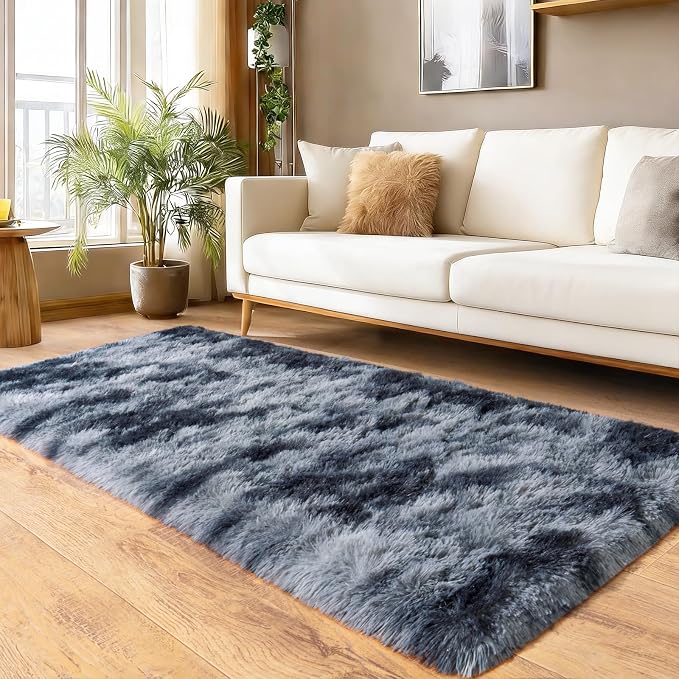 Fluffy Soft Runner Rug for Bedroom Hallways, 2x6 Area Rugs for Living Room, Modern Shaggy Carpets Fuzzy Rug for Boys Girls Dorm Nursery Home Decor, Upgrade Non-Slip Durable, Tie-Dyed Blue Grey