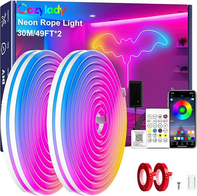 Cozylady RGB Neon Light LED Rope Light,Waterproof Bluetooth APP Remote Control Music Sync Strip Light,24V Flexible DIY Silicone Light for Bedroom Home Indoor Outdoor Decoration(30m/100ft)