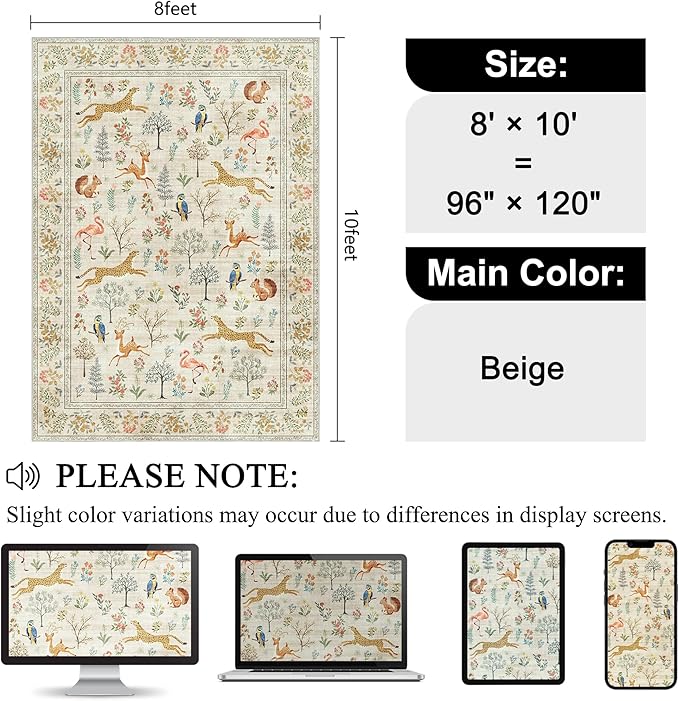 DUKINO 8x10 Rug, Washable Animal Living Room Rug with Non Slip Vintage Design, Soft Low Pile Large Carpet for Bedroom, Nursery, Dining Room, Farmhouse, Playroom, White