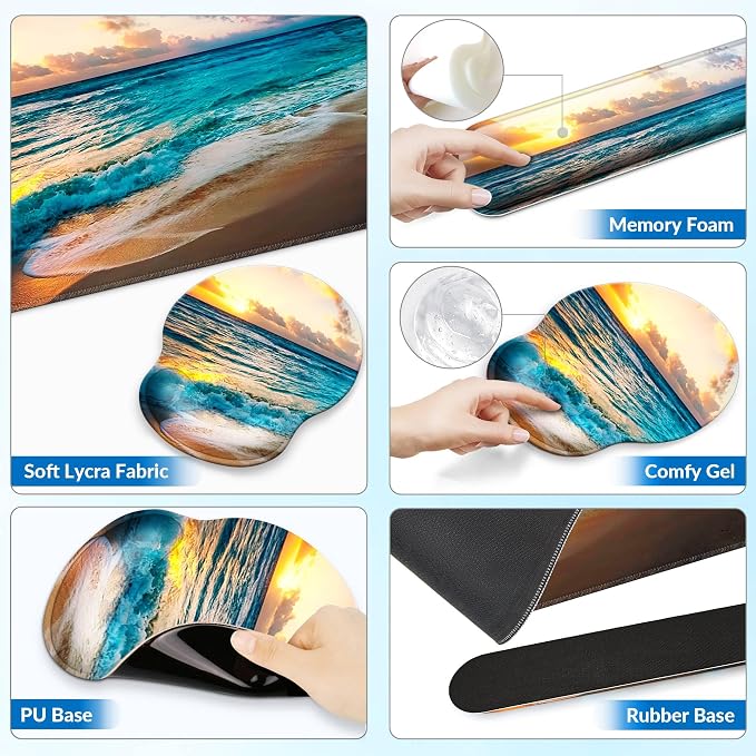 Desk Mat Set + Keyboard and Mouse Pad with Wrist Rest Support,4-in-1 Large Mousepad Computer Mats for Desktop Home & Office-Sunset Sea