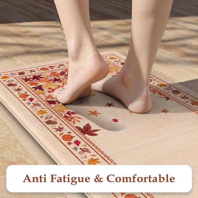 KIMODE Fall Kitchen Mats Cushioned Anti Fatigue 17"x47"+17"x29", Beige Kitchen Mats for Floor, Padded Kitchen Floor Mats Non Slip, Autumn Maple Leaves Standing Mat for Laundry Office Sink Desk