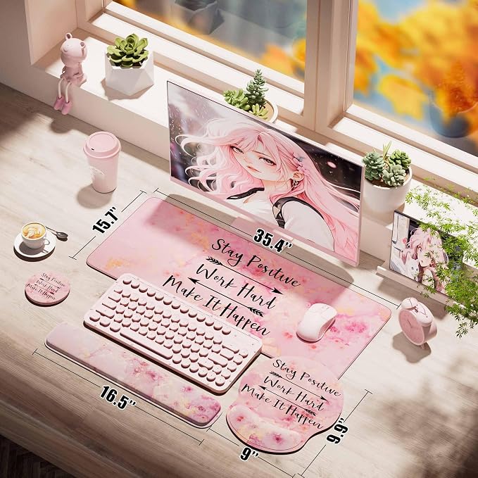 Large Mouse Pad and Keyboard Wrist Rest + Desk Mat Set,Full Long Mouse Pads for Desk Accessories with Memory Foam Gel Pink Mousepad for Women Computer Desktop Office Work-Pink & Black Slogan | Ergonomic,Pain Relief, 4-in-1 Large Big Mousepad Computer M...