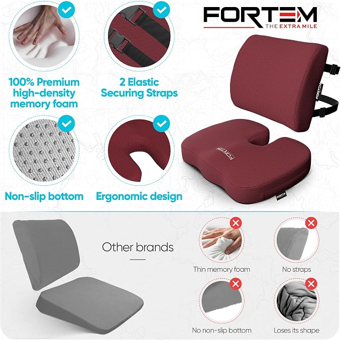 FORTEM Seat Cushion, Office Chair Cushion, Lumbar Support Pillow for Office Chair, Memory Foam Car Seat Cushions, Sciatica Coccyx Tailbone Pain Relief, Cushions for Back Support, Washable, Non Slip XL