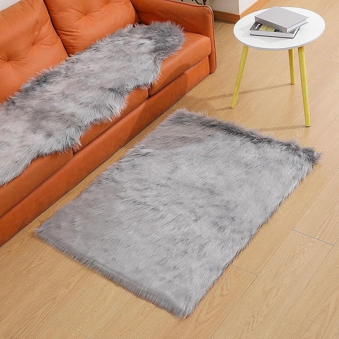 linmopm Faux Fur Sheepskin Rug, Grey, 3x4 ft | Shag Fluffy Fuzzy, Rectangle, High-Density Cushion, For Bedroom Bedside Living Room, Plush Sofa Cover