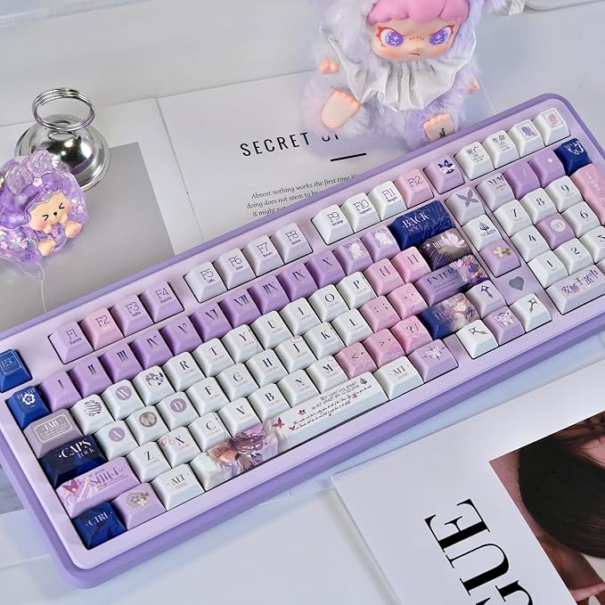 PBT Custom Keycaps 130 Keys, Japanese Anime Purple Keycaps Cherry Profile Dye Sublimation Keycap, Manga Style Key Cap Set for 60% 65% 75% TKL 100% Mechanical Keyboard