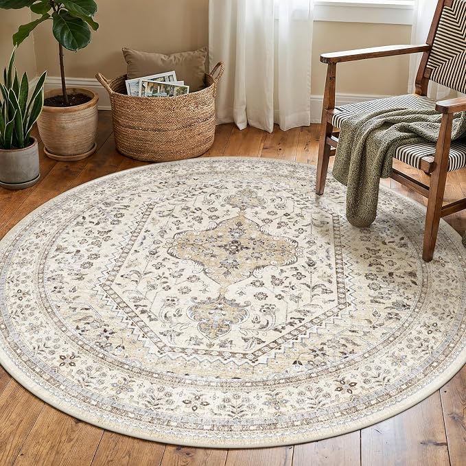 Puino 5FT Round Area Rug: Washable Oriental Circle Rugs Low Pile Soft Carpet with Non Slip Backing for Living Room Vintage Indoor Rug for Bedroom Kitchen Nursery Dining Room Home Office Beige/Gray