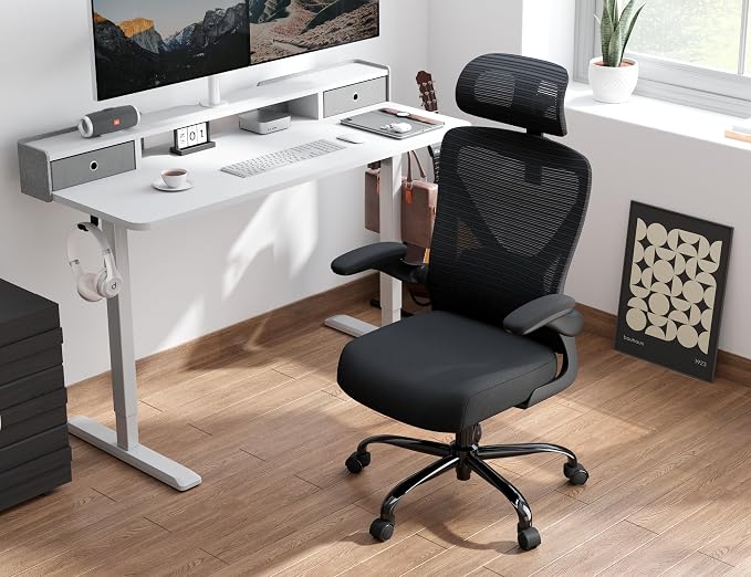 Ergonomic Office Chair: Mesh Desk Chair Comfy with Headrest& Lumbar Support | Ergalithic Big and Tall Office Chairs with Wheels & Flip-Up Arms-Computer Gaming Chairs for Adults (Black-Pack of 3)
