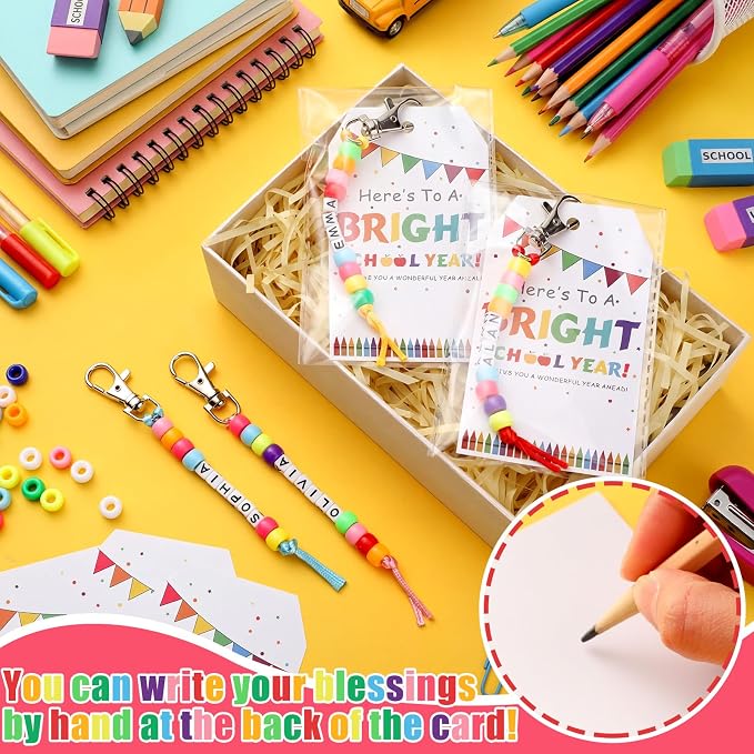 Suncalla 984 Pcs 24 Set Back to School DIY Bead Keychain Making Kit Key Chain Crafts Adjustable Letter Beads Cards Strings Kit Welcome First Day Gift Jewelry Making Supplies Party Favors