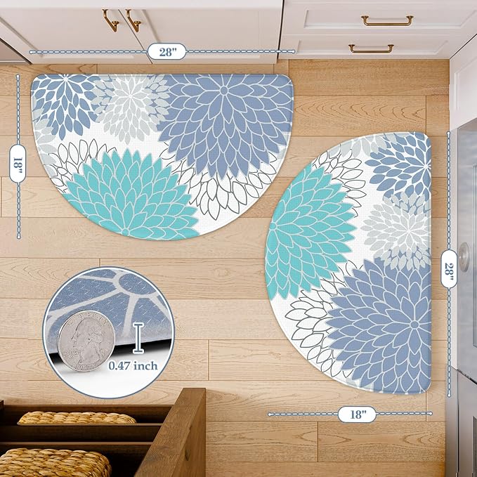KIMODE Half Circle Anti Fatigue Mats for Kitchen Floor Kitchen Mats 2PCS | 18"x28+18"x28",Blue,Dahlia Floral Boho,Kitchen Rug Sets of 2,Non Slip,Waterproof,for Sink Office Laundry Bathroom Decor