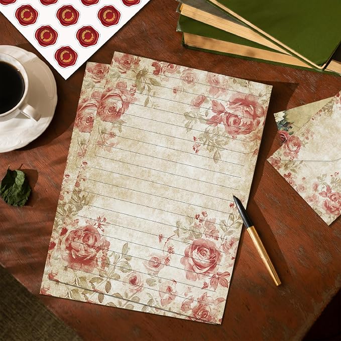 160 Pcs Stationery Paper Envelopes Set Includes 50 Lined Writing Paper & 50 Envelopes with 60 Colorful Round Dot Stickers, Vintage Floral Letter Writing and Stationery Paper Envelopes(10Style)
