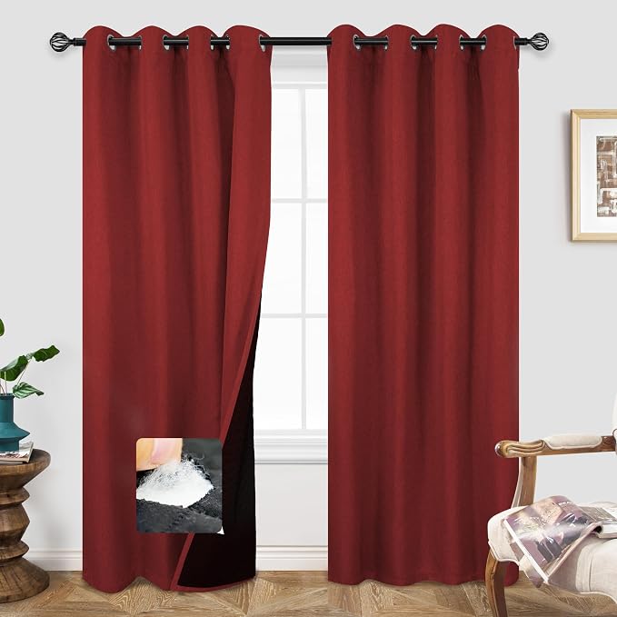 DriftAway Blackout Soundproof Thermal Insulated Linen Textured Curtains with Quilted Thermal Lining for Cold and Heat Blocking Noise Reducing Daytime Sleep 1 PC 52 Inches by 84 Inches Red