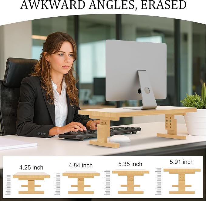 Bamboo Monitor Stand Riser for Desk with 4-Level Height Adjustment | Ergonomic Computer Riser, Desktop Organizer Shelf, Sturdy 100 lbs Support, Height Adjustable Laptop Stand, Warp-Proof, Large