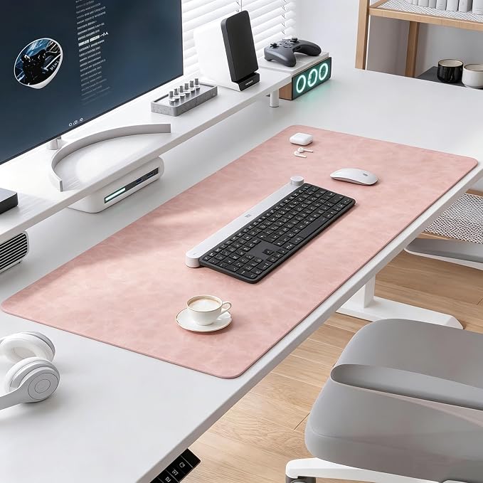 Distressed Leather Desk Mat - Non-Slip PU Leather Desk Pad Protector - Large Waterproof Mouse Pad Computer Keyboard Desk Mat Desk Accessories for Office & Home (Pink, 36"x 17")
