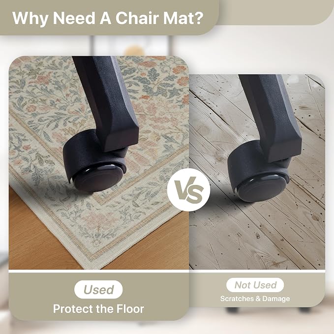 36"x60" Office Chair Mat for Hardwood Tile Floor, Under Desk Carpet Protector for Rolling Computer Chair Mat, Machine Washable Area Rug, Anti-Slip 1/5" Thick Low Pile Thin Vinyl Floor Mat, Beige Pink