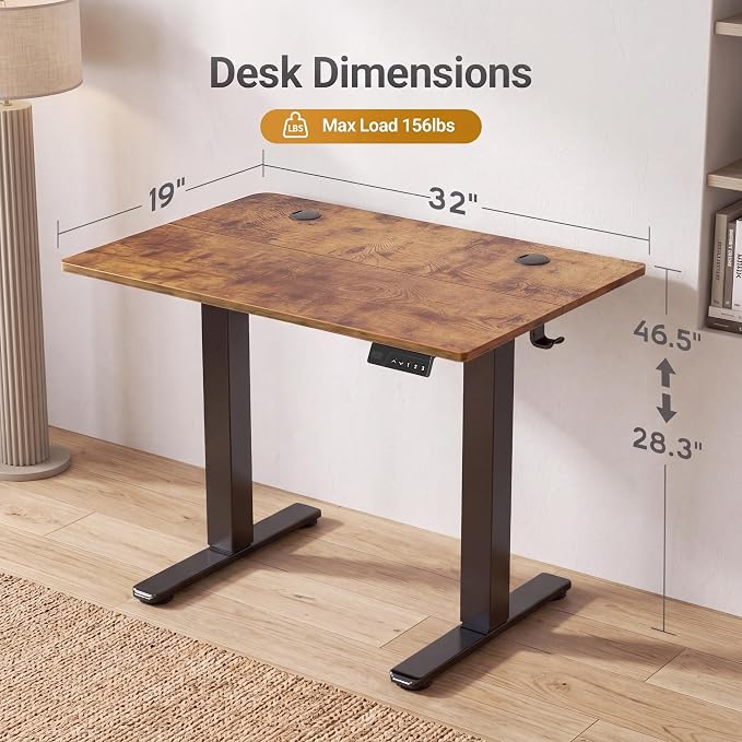 Claiks Electric Standing Desk 32x19 Inch Adjustable Desk, Rustic Brown | 156lbs weight capacity, 3 memory presets, industrial steel frame, cable management hub, adjustable height , easy assembly