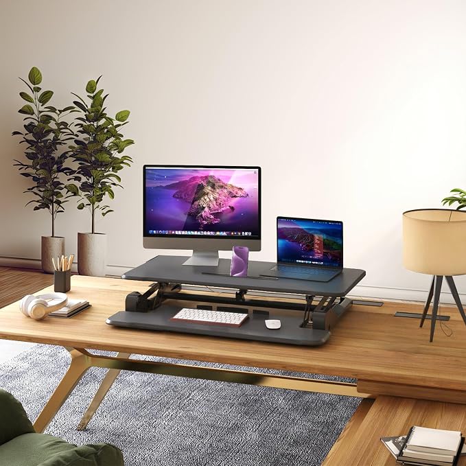 Mount-It! Electric Standing Desk Converter 35.4" Quick Sit Stand Desk Riser, Computer Workstation Motorized Easy Convertor with Built-in USB Charging Port, Ergonomic Height Adjustable in Black